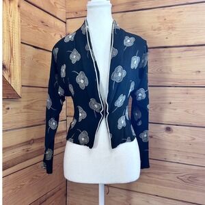 Vintage Black White Floral Print Open Front Cropped Jacket Crepe Long Sleeve Sil